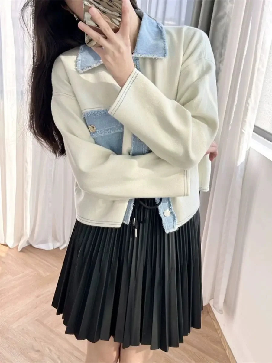 Women Fashion Jacket Turn-Down Collar Denim Splices Single Breasted Long Sleeve Ladies Pockets Knitted Coat Spring 250609
