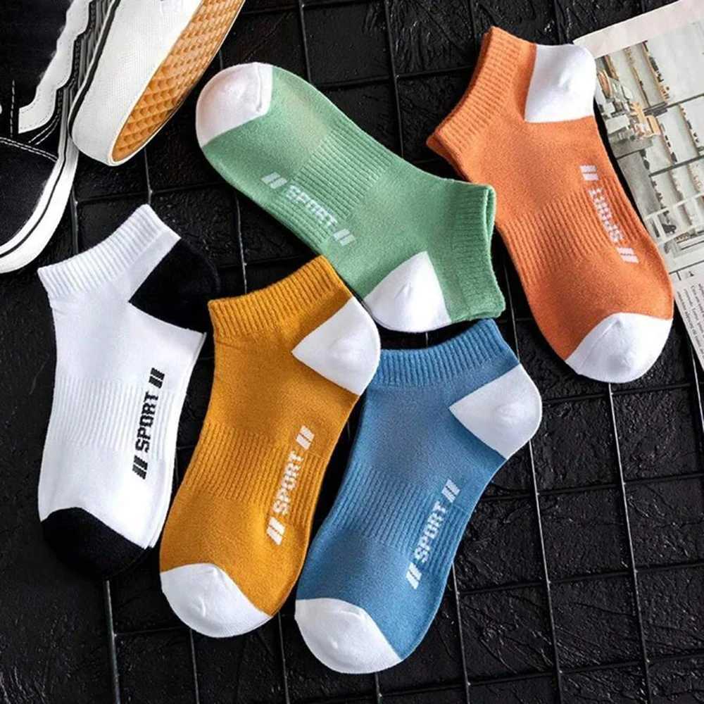 5 Pairs Men Letter Boat Socks Fashionable Vertical Striped Round Neck Socks Breathable Sweat Absorbing Comfortable Casual Socks Z250610