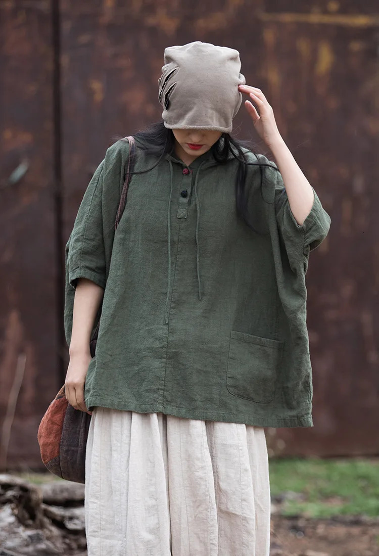 Yasuk Summer Casual Shirts Pullover Womens Loose Tees Gentle Heart Sport Cotton Linen Hooded Tea Coat Solid Chinese Style Retro 250610