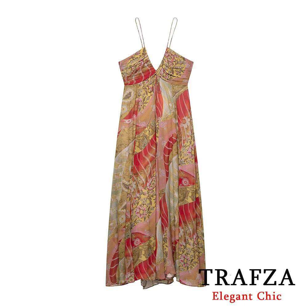TRAFZA Women Bohemian Vintage Print Cami Backless Midi New 2025 Summer Fashion Beach Party Date Holiday Mujer Dress