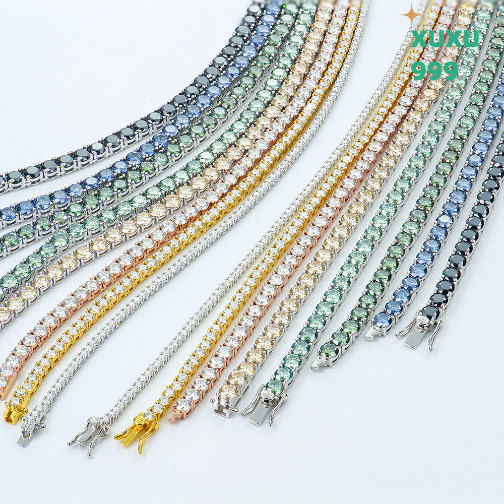 OACOCA 925 Silver Necklace Rhodium Plated Round Brilliant Cut Black Champagne Royal Blue Original Color Moissanite Tennis Link Chain