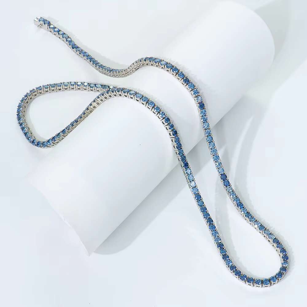 OACOCA Premium Jewelry 925 Silver Necklace Rhodium Plated Round Brilliant Cut Original Royal Blue Color Moissanite Tennis Link Chain