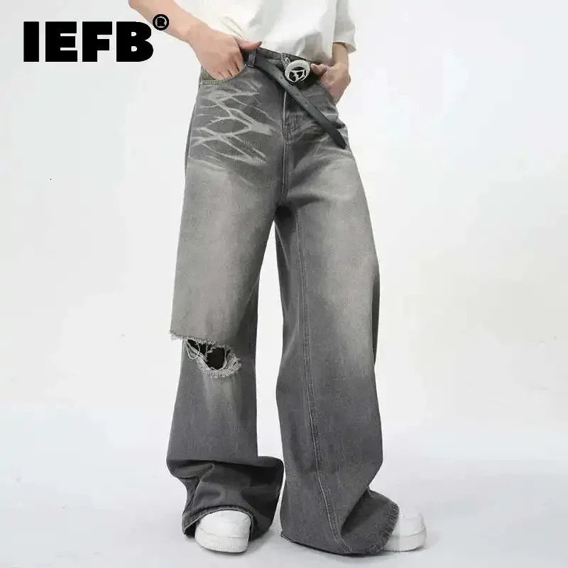 IEFB Summer Mens Wear Jeans Straight Wide Leg Denim Pants Casual Loose Contrast Color Male Bottoms Clothing 9C5977 250611
