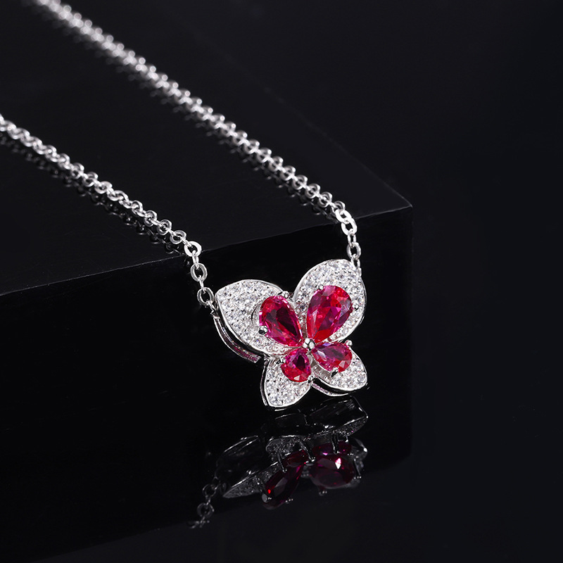 New S925 Silver Butterfly Pendant Necklace, Faux Pigeon Blood Ruby with Full Diamond Inlay, Elegant and Stylish Jewelry for Women