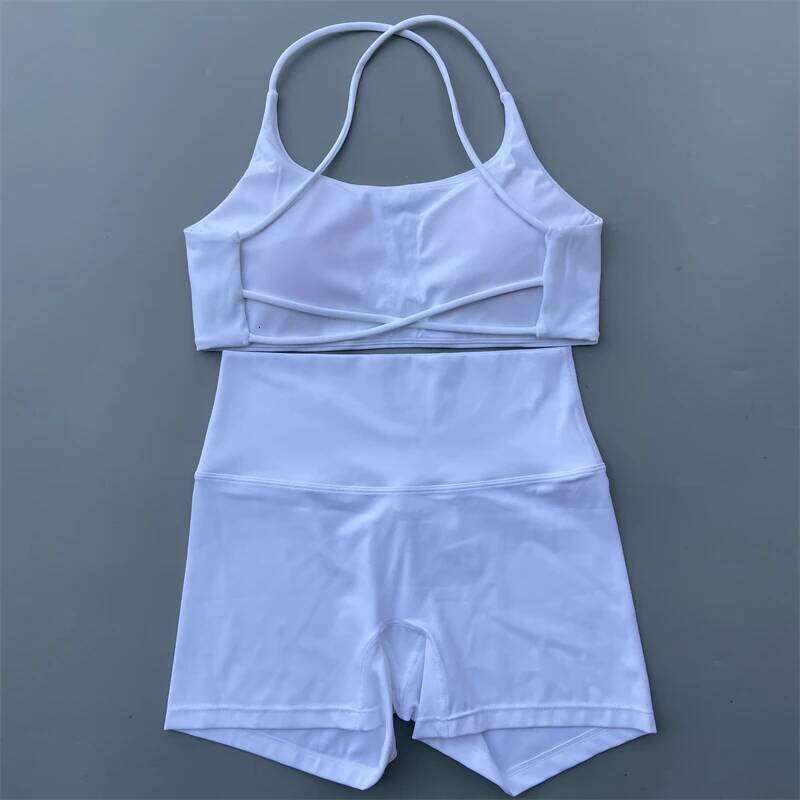 Yoga Gym Two Piece Sports Set Women Workout Outfit Fiess Suit Cross Straps Bra High Waist Shorts Running Tracksuit