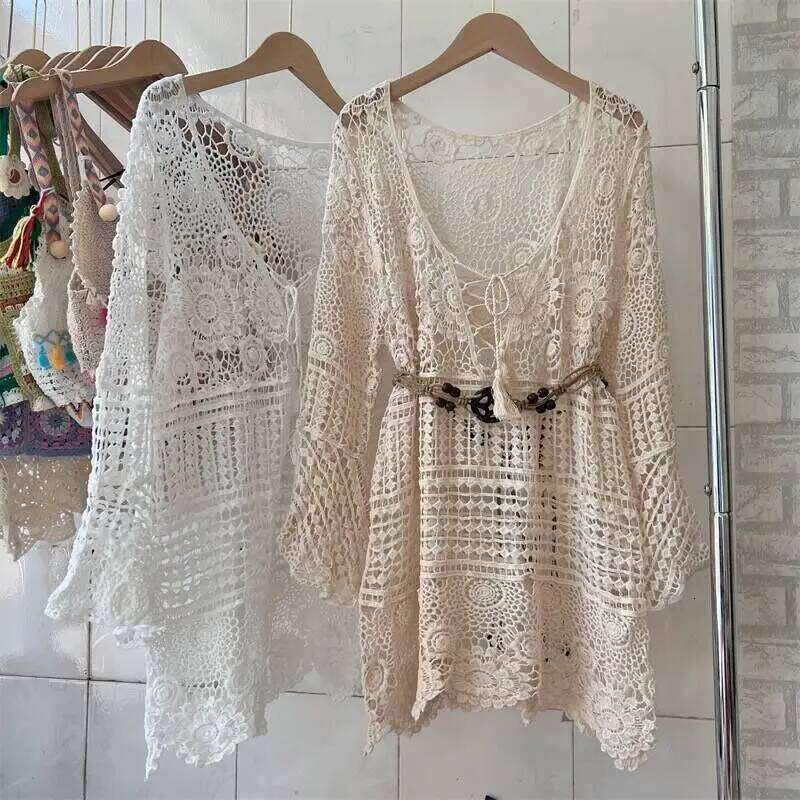 Bohemian Pullovers Women Summer New Sexy Knitted Hollow Out V-neck Floral Embroidery Shirt Sun Protection Tees Fashion Tops K208