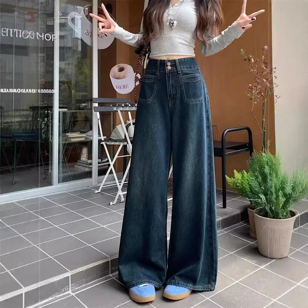 Plus Size Deep Blue High Waist Denim Jeans Trendy Spring Autumn Loose Slimming FloorLength Straight Casual Pants for Women 250609