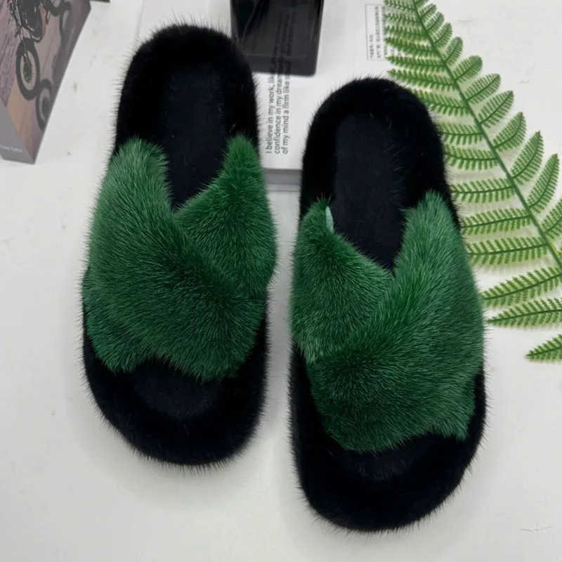 Womens Mink Hair Slippers Plush Soft For Women Fashion er Flats Roman Rubber FASHION 250609