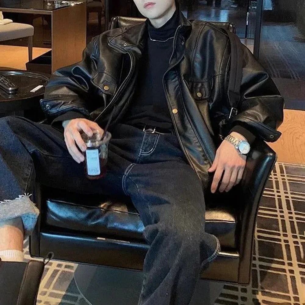 Mens Pu Jacket Motorcycle Punk Style Pu Leather Jacket Autumn Rock Workwear Trend Streetwear Trend Pu Jacket MenS Clothing 250611