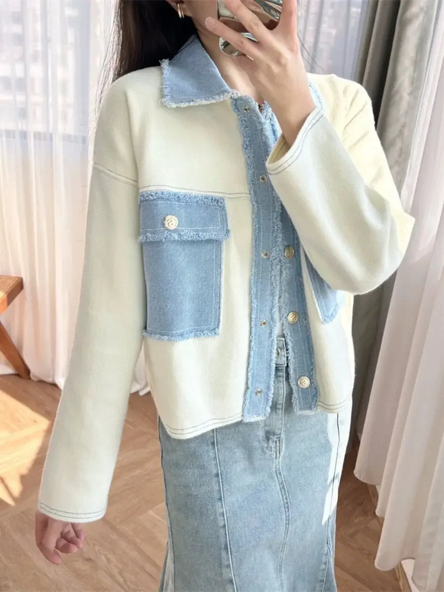 Women Fashion Jacket Turn-Down Collar Denim Splices Single Breasted Long Sleeve Ladies Pockets Knitted Coat Spring 250609