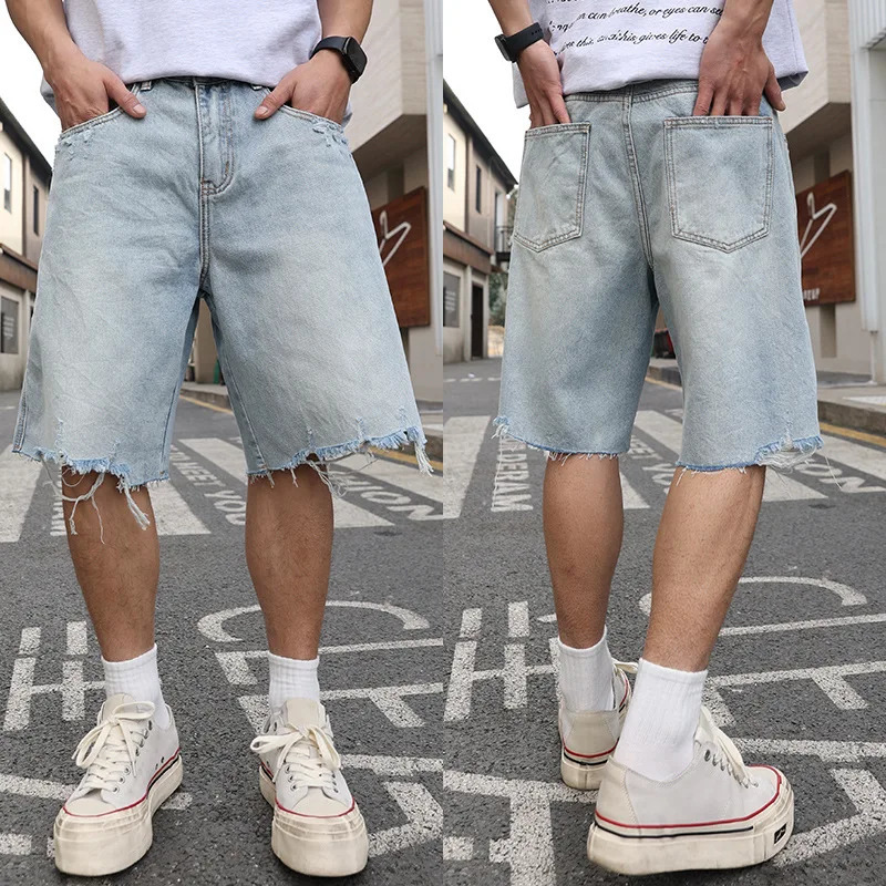 Men Broken Edge Ripped Denim Shorts Cityboy Streetwear Fashion Hip Hop Loose Casual Plus Size Denim Short Pant Jeans Shorts 250611