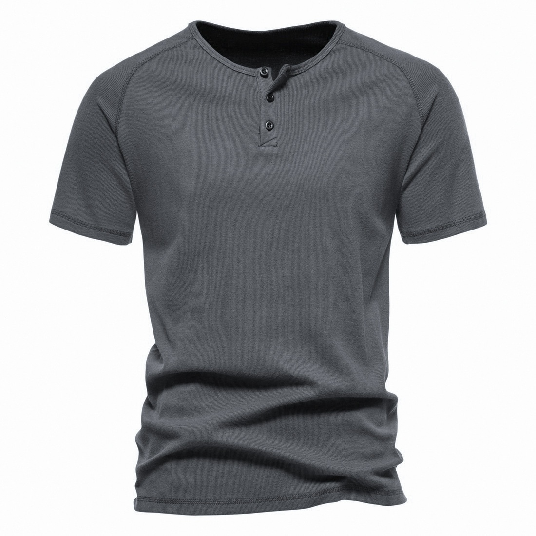 New Men's Henley Shirt 2025 Youth Solid Color Simple Half Cardigan Short Sleeve Cotton T-Shirt for Men