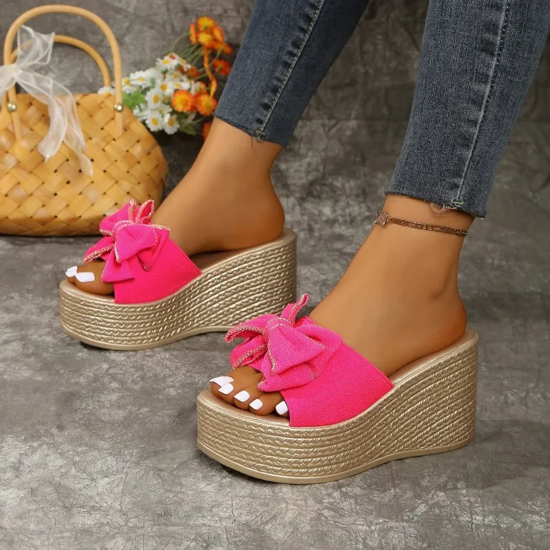 Fashionable high-heeled slippers elegant summer bow casual and comfortable large-sized high-quality wedge heel womens shoes 250609