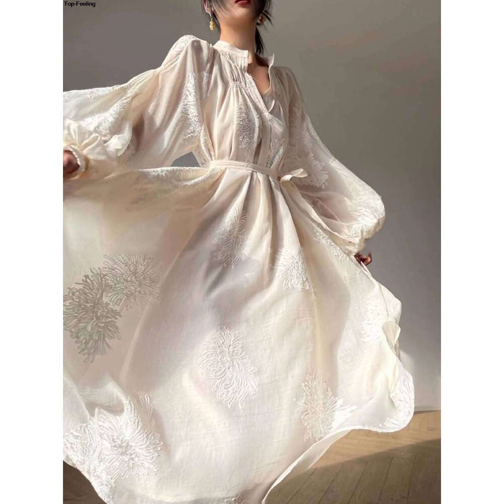France Elegant Lantern Sleeve Embroidery Midi Dress for Women Spring Autumn New V Neck Lace Up Vestidos Korean Vintage Clothes