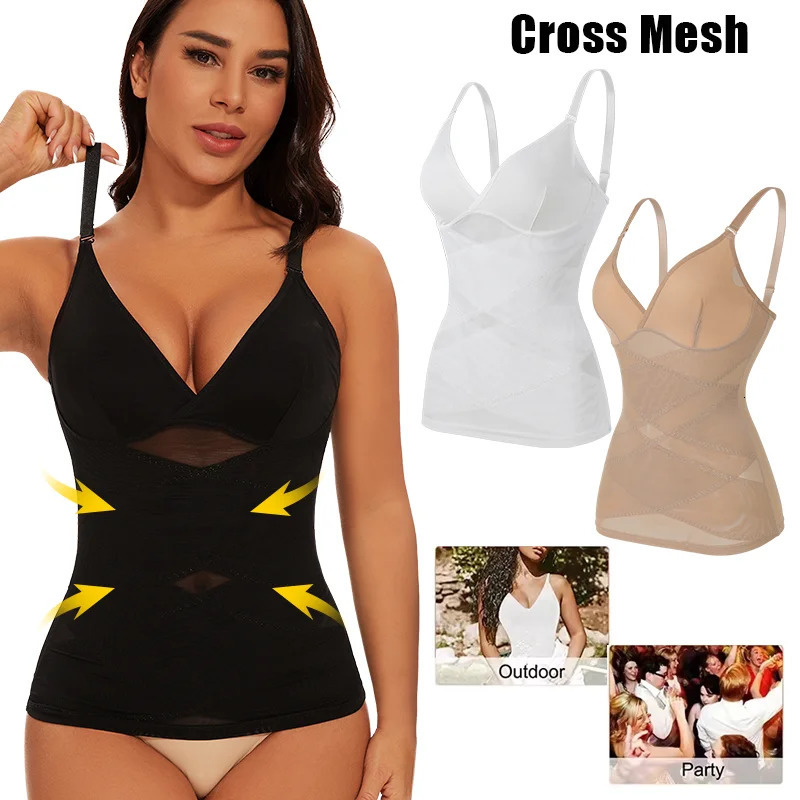 Women Built in bra Tank Top Compression Cross Mesh Corset Tummy Control Body Shaper V Neck Slimming Bustier Sexy Underwear 250610
