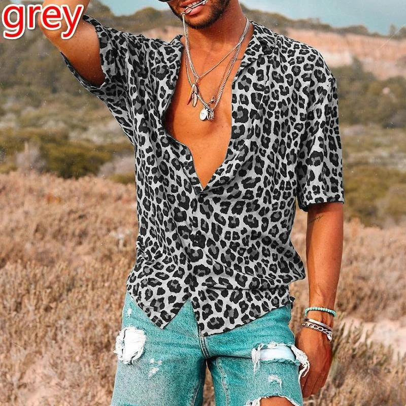 Fashion Mens Summer Hawaiian Shirt Leopard 3D Print Shirt Short Sleeve Casual Plus Size Beach Shirts Street Lapel Blouse Camisa 250606