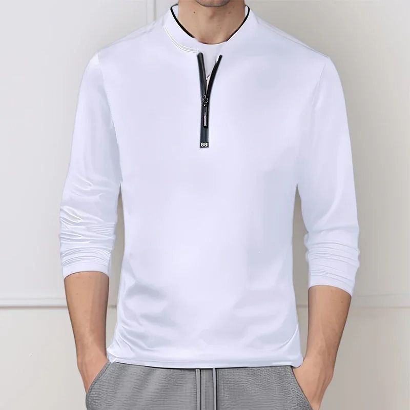 Mens Casual Fashion Solid Color Long Sleeved Polo Shirt Stand Up Collar Versatile Comfortable Top 250610