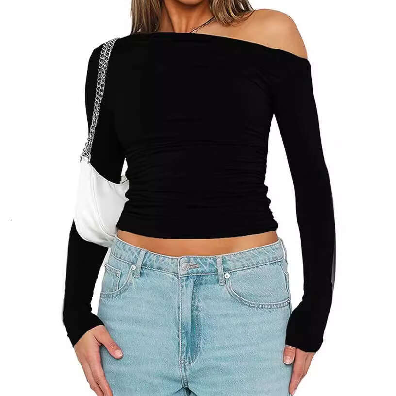 Women's Unique Asymmetric Shoulder Long Sleeve T-Shirt Hot Girl Outdoor Base Shirt Slim Fit Pullover Off-Shoulder Top B5