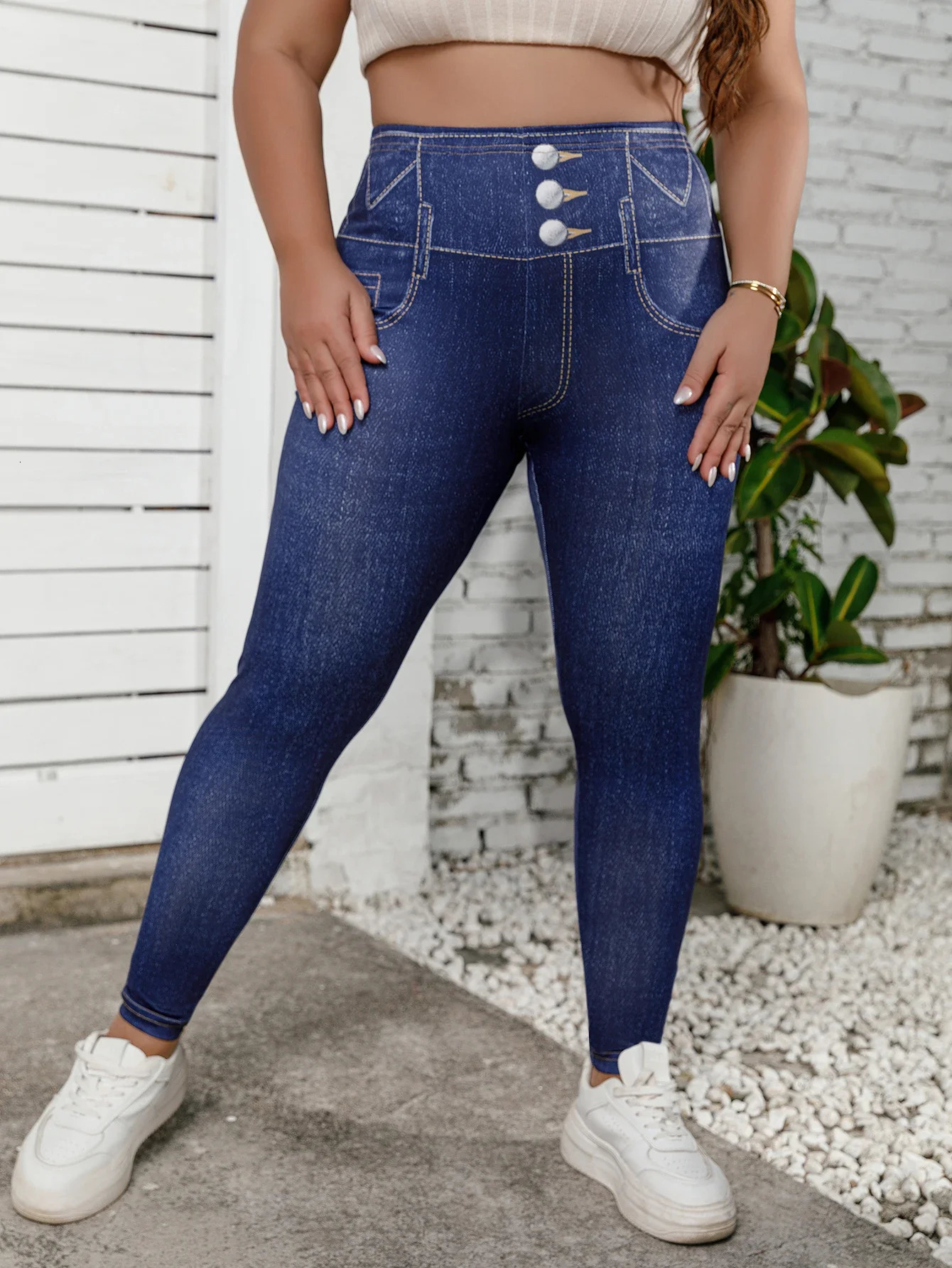 Plus Size Womens Long Leggings with Faux Denim Print Stretch MidRise Skinny Pants Vintage Comfort Casual Comfortable Trousers 250609