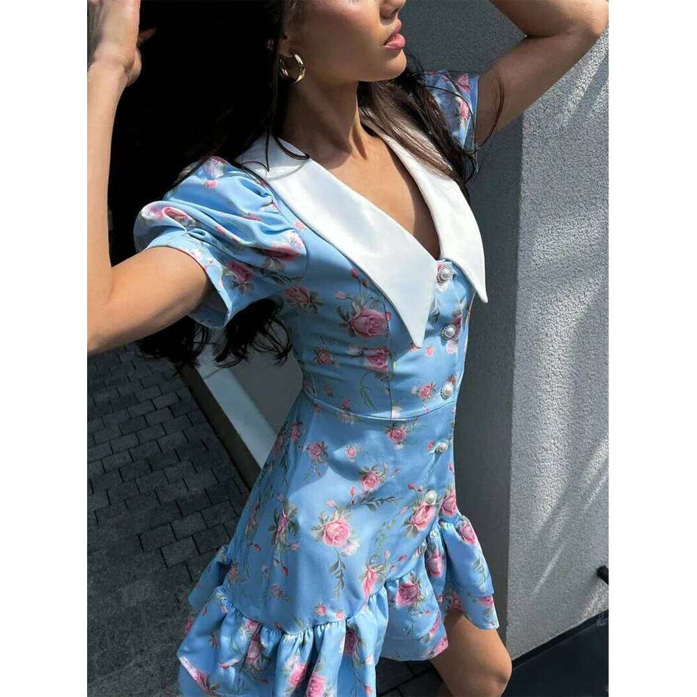 French Sweet Floral Print Puff Sleeve Ruffled Dresses Women's 2025 Elegant Corsets Pearl Buttons Sundress Chic Sweetheart Outfit