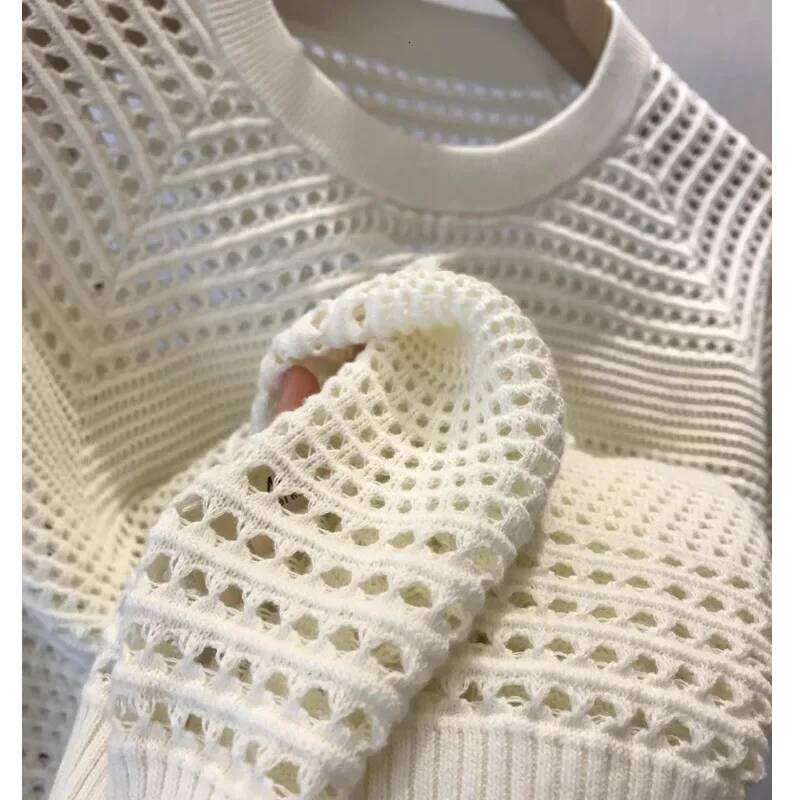 Sandro Quality Thin Hollow out Knitted Short Sleeve Women's T-Shirt Crew Neck Summer Lightweight Fashionable Casual Top
