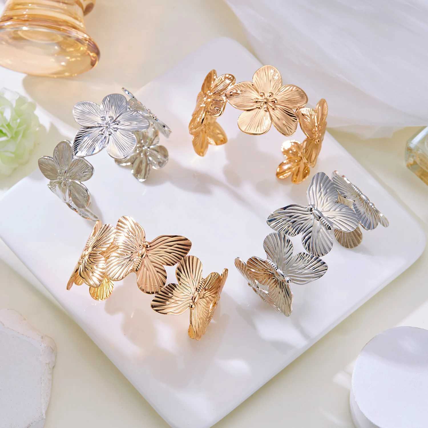 High Quality Stainless Steel Hollow Flower Butterfly Open Wide Bracelet Gold Plated Adjustable Cuff Bracelets For Women Jewelry XJ250707