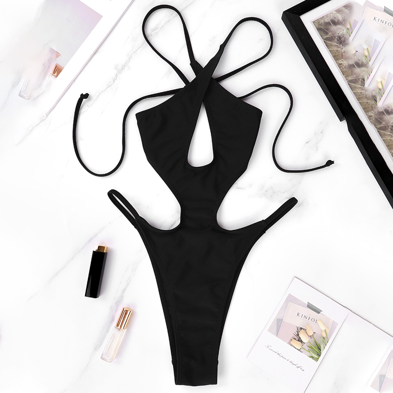 Fashionable and popular one-piece hollowed out strap backless swimsuit hot selling solid color bikini