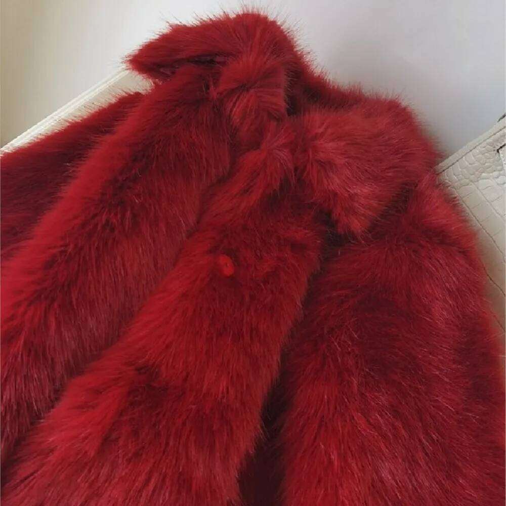 Winter Red Turn down Collar Lapel Hairy Shaggy Soft Faux Fur Coat Women Full Sleeve Furry Warm Jacket Short Outerwear