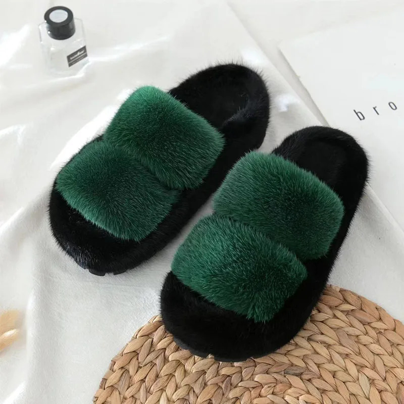 Womens Mink Hair Slippers Plush Soft For Women Fashion er Flats Roman Rubber FASHION 250609
