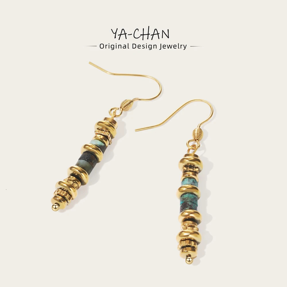 YACHAN 18K Gold Plated Stainless Steel Long Drop Earrings for Women Green Natural Stone Charms Ear hook Earring Trendy Jewelry 250610
