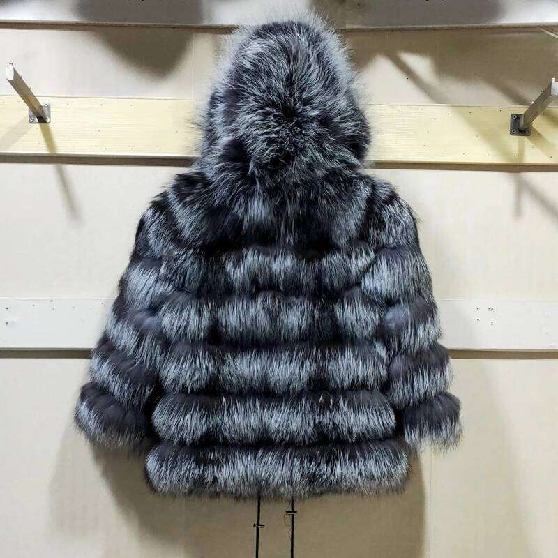 Genuine Real Natural Raccoon Sier Fox Fur Hoodie Jacket Winter Warm Women's Clothing Length 60 Cm