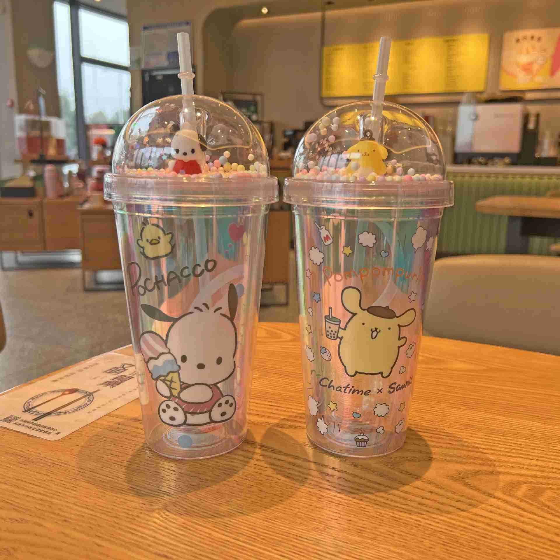 Sanrio 450ML Sanrio Cartoon Plastic Straw Cup Kuromi Stitch Double-Layer Plastic Cup Portable Sport Mug Straw Water Cup Christmas Gifts XJ250611