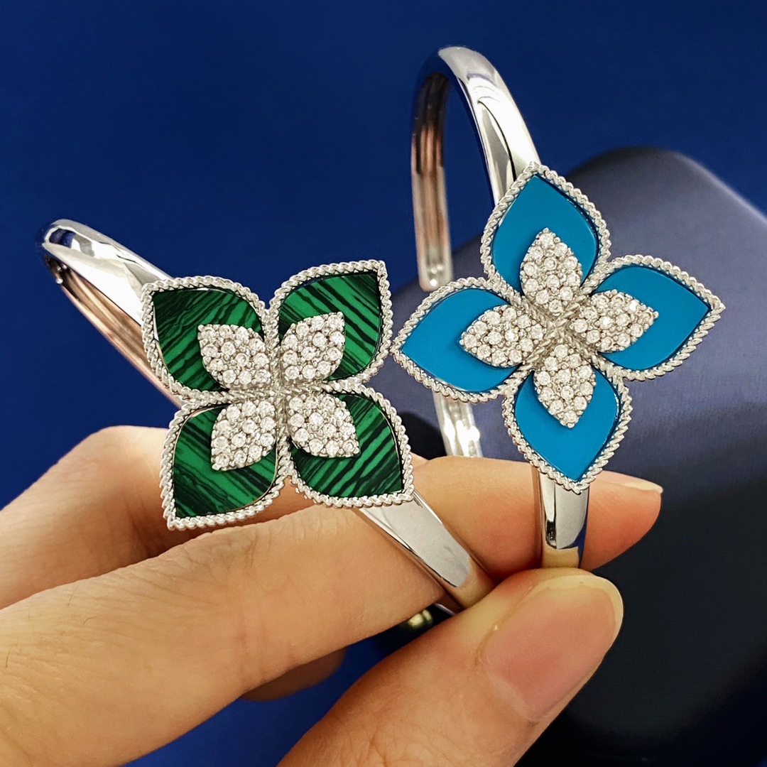 2025 luxury clover designer bangle bracelet for women 18k rose gold silver retro vintage flower navy blue white black green navy blue stone bangles bracelets jewelry