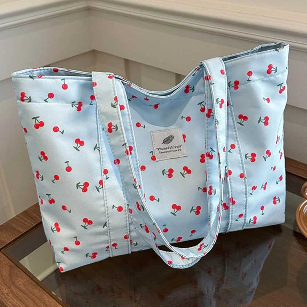 Cute Cherry Strawberry Print Casual Tote Bag Large Capacity Shopping Bag Nylon Aesthetic Handbag Grocery Bag for Women XJ250610