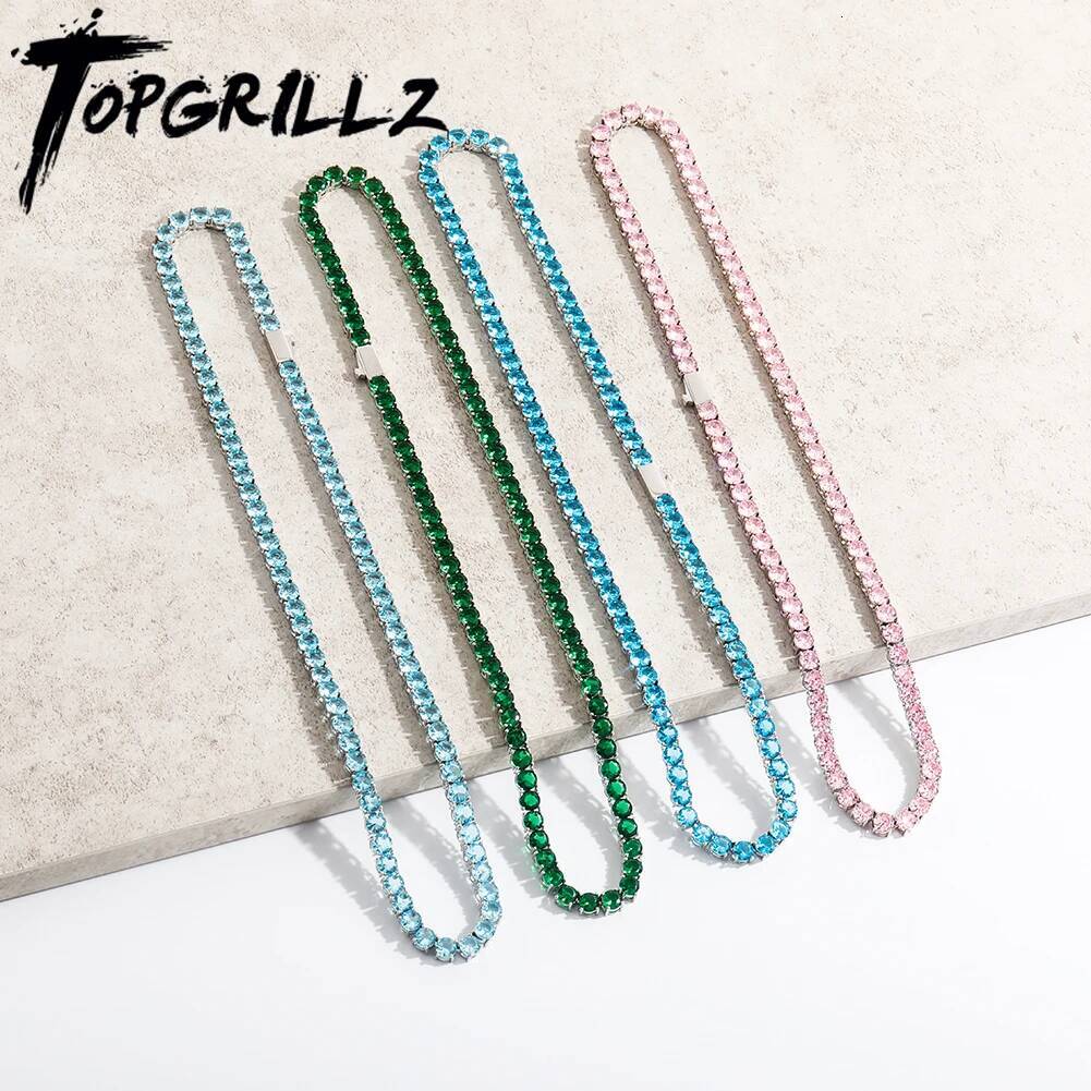 TOPGRILLZ Hip Hop Classic Colorful 5MM Tennis Chain Waterproof and Color Retention Necklace Iced Blue/Green/Pink Cubic Zirconia