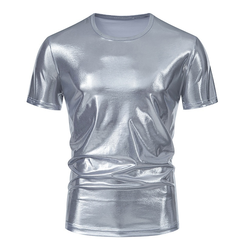 Men's Summer Short Youth Nightclub Glossy Slim Fit Five-Quarter Sleeve Crew Neck T-Shirt