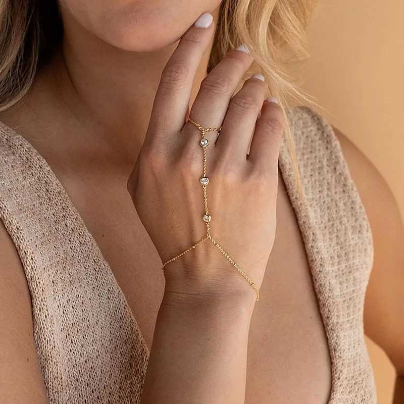 14k Gold Plated Trendy 2024 Summer Adjustable Chain Zircon Finger Ring Hand Chain Ring Bracelet Jewelry for Women Girls Dainty XJ250707
