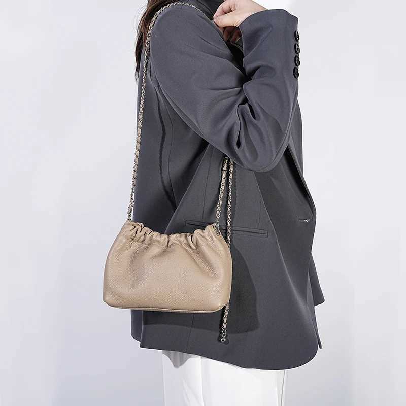 Women Real Cowhide Chain Shoulder Bag Versatile Crossbody Tote Bag Casual Pleated Hobo Bag Satchel Sling Bag Girl Stylish PurseXJ250610
