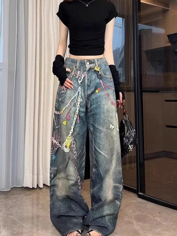 Korean Candy Chain Print Straight Leg Jeans Womens Harajuku Streetwear Y2k Baggy Jeans Hip-hop Retro Punk Wide-leg Pants Unisex 250611