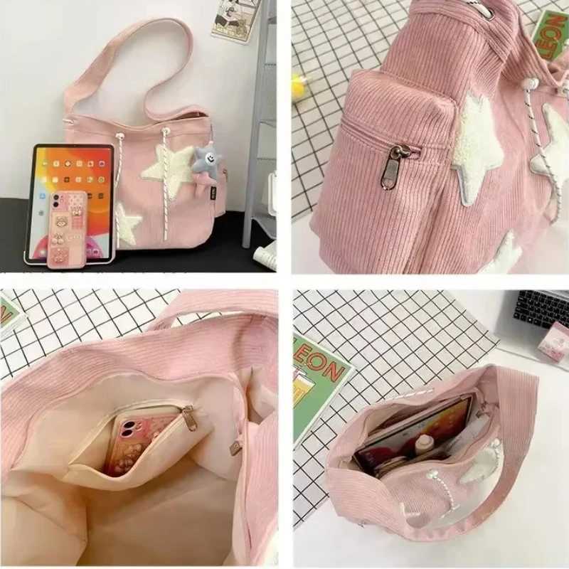2025 New Niche Design Handbag Cute Star Womens Shoulder Bags Student Large Capacity Commuting Tote Corduroy Solid Crossbody Bag XJ250610