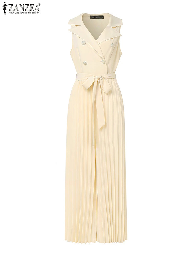 ZANZEA Woman Fashion TieWaist Jumpsuits Elegant Lapel Neck Sleeveless Pleated Wide Leg Pant Overalls Commute Office Long Romper 250609