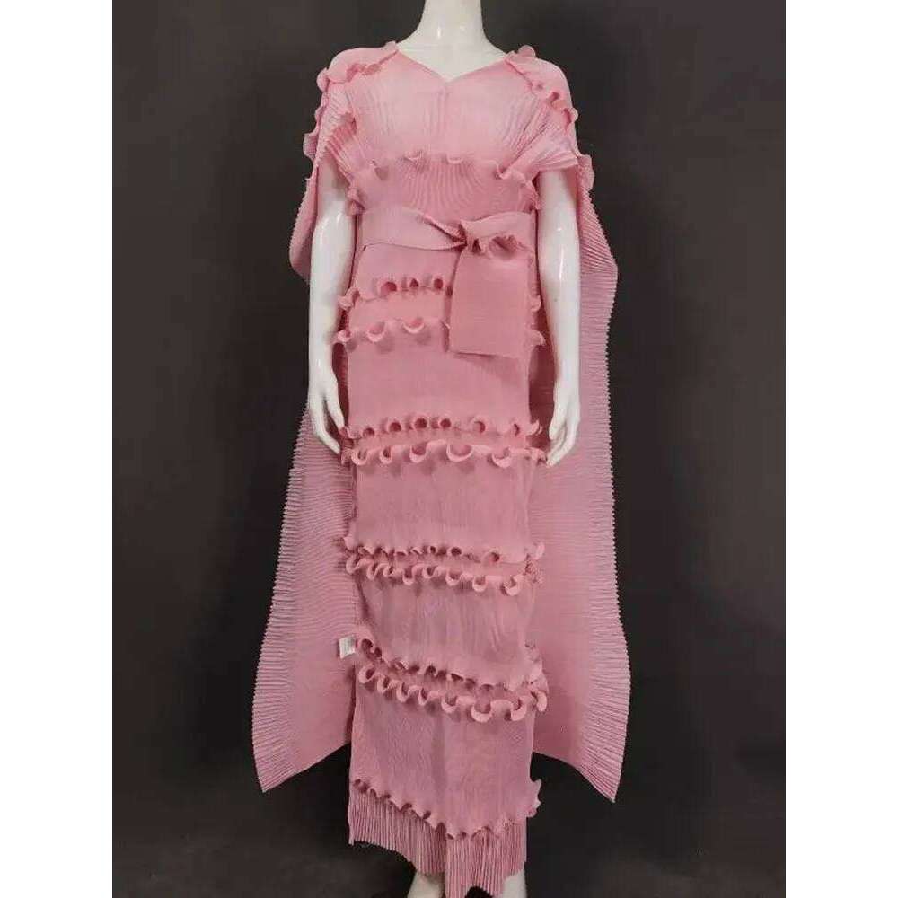 LANMREM Pleated Dress Women V Neck Half Sleeve Solid Color Cloak Loose Style New Tide 2025 Dresses 32F1137
