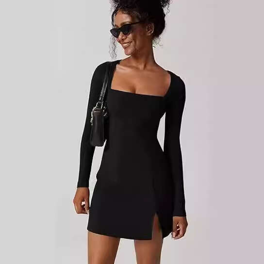 Long Sleeve Dress For Women, Autumn Spicy Girl Square Neck Slim Dress, Elegant Socialite Style Clothing B5