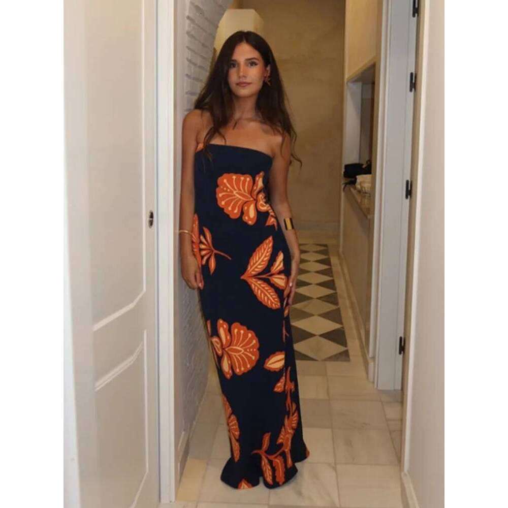 Flower Print Strapless Dress For Women Casual Backless Slim Fit High Waist Female Maxi Robe 2025 Summer Lady Daily Streetwear