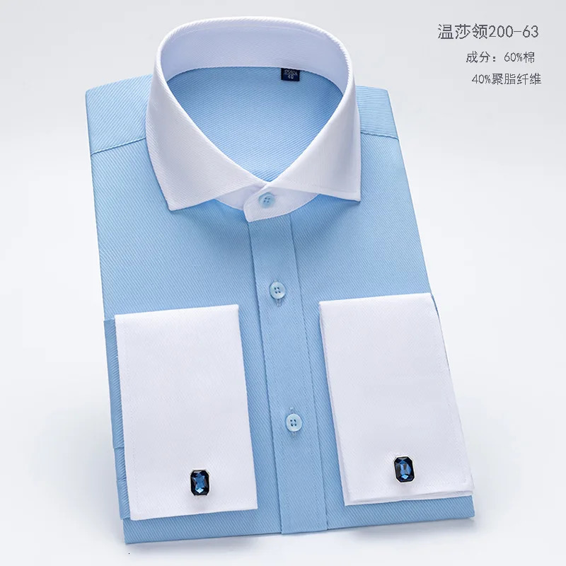 mens French cufflink shirt for business formal wear with solid color and no iron sleeve studs slim fit Korean version 250611