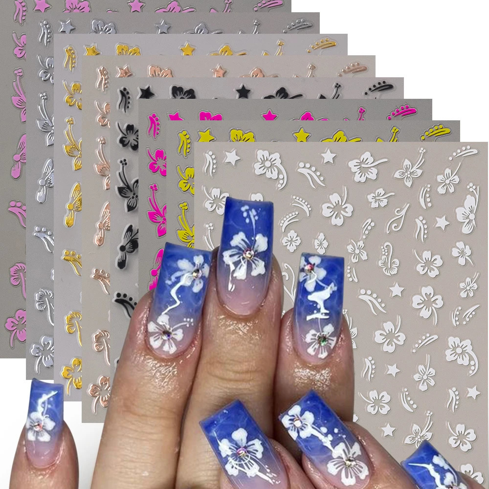 1pc 3D Hibiscus Flowers Nail Sticker White Black Flower Petals Adhesive Decals Pink Golden Floral Slider For Art Decoration 250605