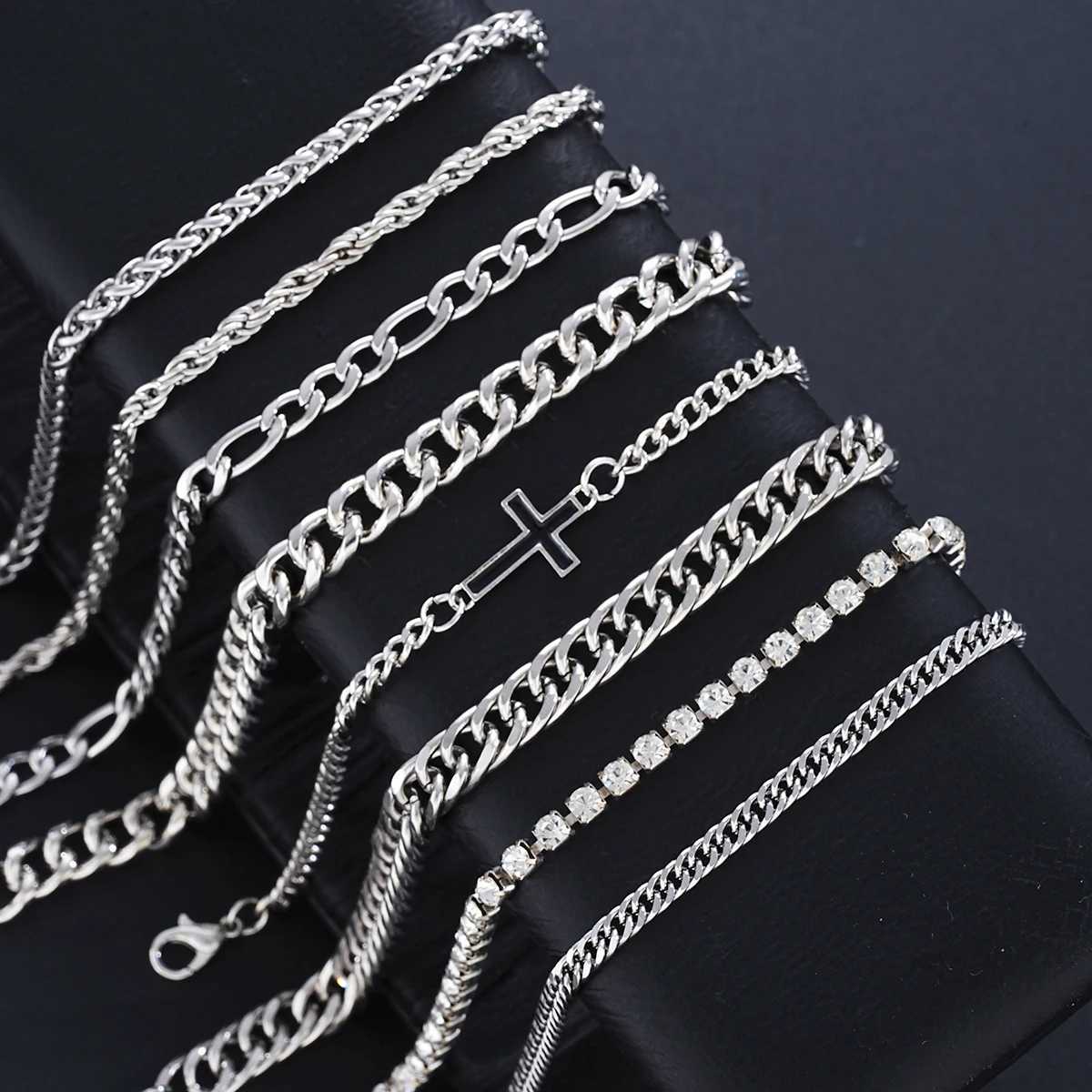 8Pcs Stainless Steel Cross Cuban Bracelets For Men Women Punk Silver Color Crystal Twist Chain Bracelet for Daily Wear Fashion XJ250707