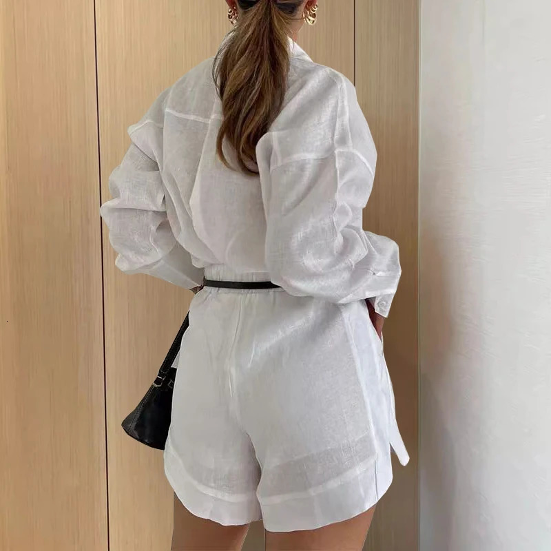 Women Long Sleeve 2 Pieces Sets Casual Simple Button Pockets Short Pant with Shirts Tops Summer Fashion Suit Female Outfits 250610