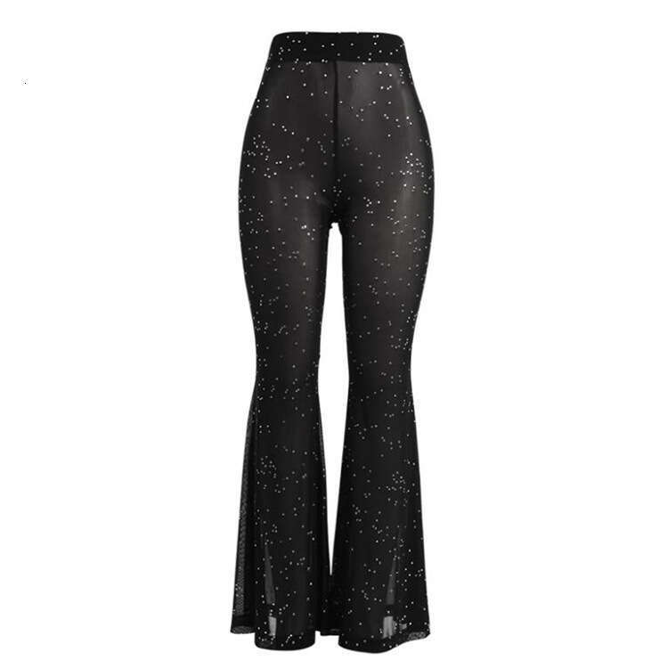 Women's Sexy Mesh Sheer Plastic Wide Leg Pants B5