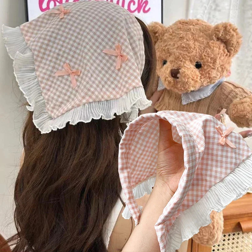 INS Lace Bow Hair Scarf Women Korean Triangle Hair Band Travel Po Headband Sunscreen Headscarf Girls Linen Cotton Neckerchief 250610